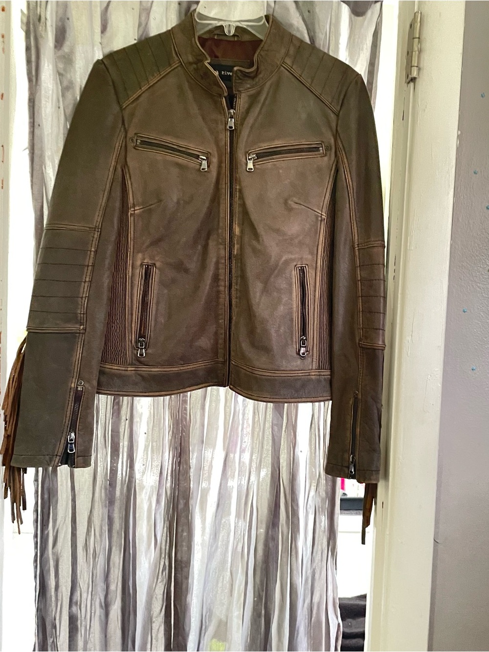 Brown Leather Fringe Motorcycle Jacket - Women